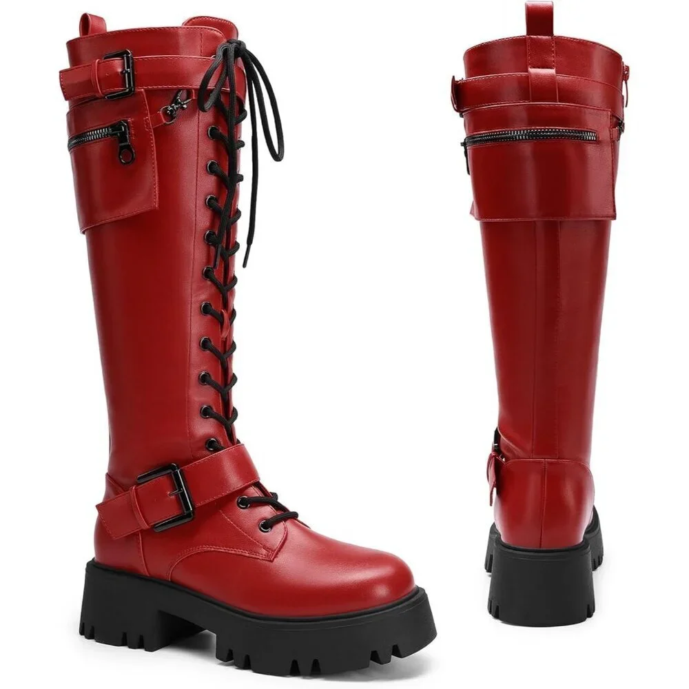 Women's Red DREAM PAIRS Combat Riding Platform Knee-High Boots Lace Up Gothic